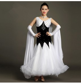 Black and white patchwork high quality rhinestones v neck big skirted women's  competition performance ballroom tango waltz dancing dresses for ladies
